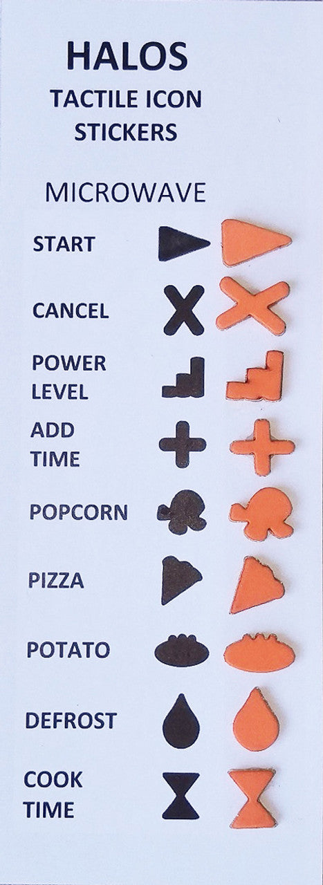 Halos Tactile Microwave Stickers in orange and black shapes for the microwave. Great for those who are blind or low vision.