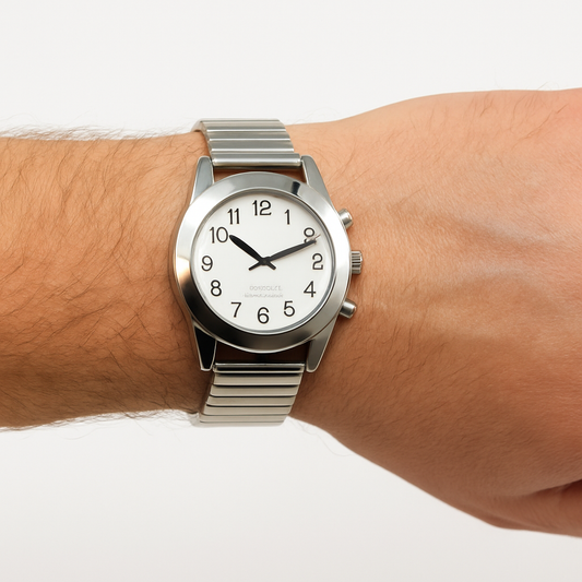 Silver Touch Face Talking Watch with white dial, bold black numerals, and silver expansion band on a man’s wrist, white background
Accessible talking watch for visually impaired users, worn on a male wrist, silver-tone case with expansion bracelet
Men’s Silver Touch Face Talking Watch, crystal-activated time announcement, classic white face and Arabic numerals
Close-up of a man wearing a Silver Touch Face Talking Watch, silver case and band, designed for low vision accessibility