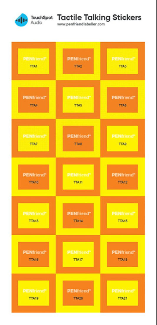 These rectangular labels are yellow with an orange border and have two sets of tactile features to make them accessible – a tactile line border near the edge and, inside that, a border of tactile circles. Each label measures 1" x 0.8" (25 × 20mm.)
