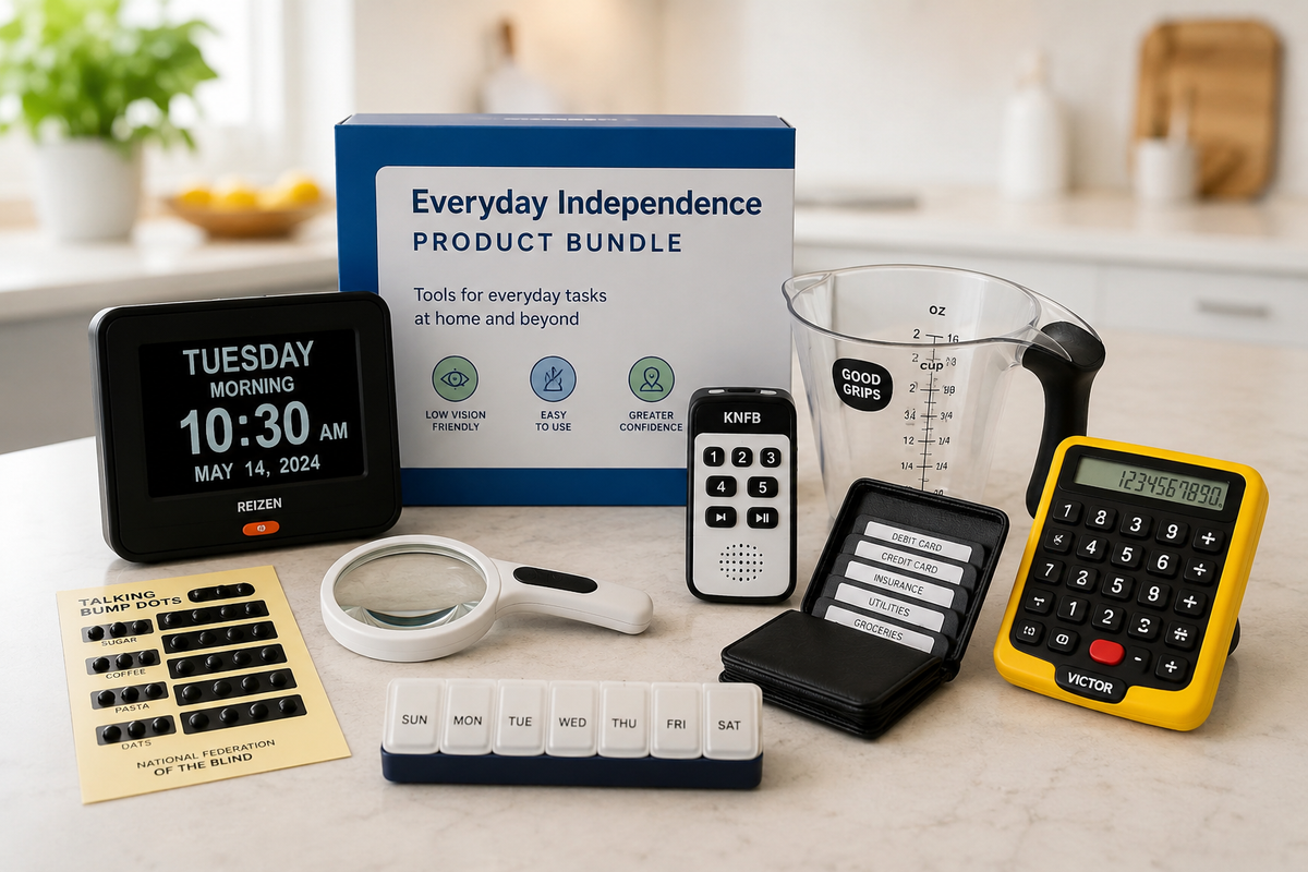 Assistive product bundle on a kitchen counter with a talking clock, magnifier, tactile bump dots, pill organizer, labeled wallet, measuring cup, and large-button calculator.