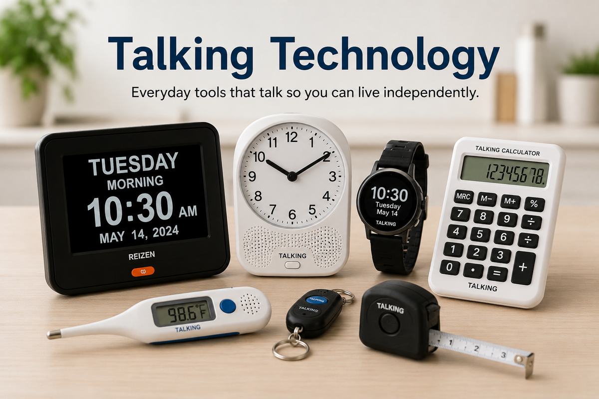 Talking technology collection with talking clocks, watch, calculator, thermometer, key finder, and measuring tape displayed on a tabletop for independent living.