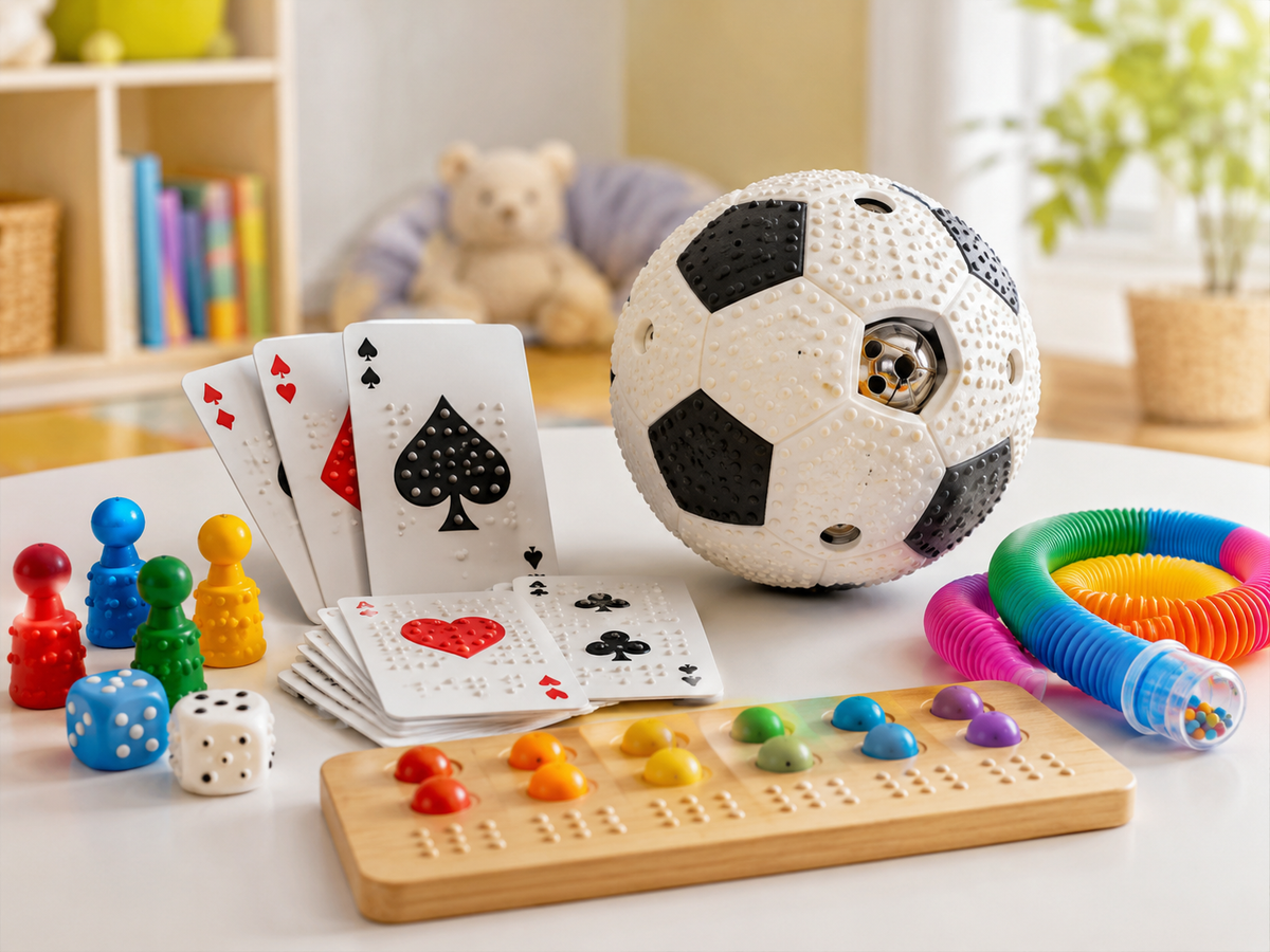 Accessible children’s games and toys displayed in a playroom, including tactile playing cards, adapted soccer ball, dice, colorful game pieces, tactile board, and sensory toys.