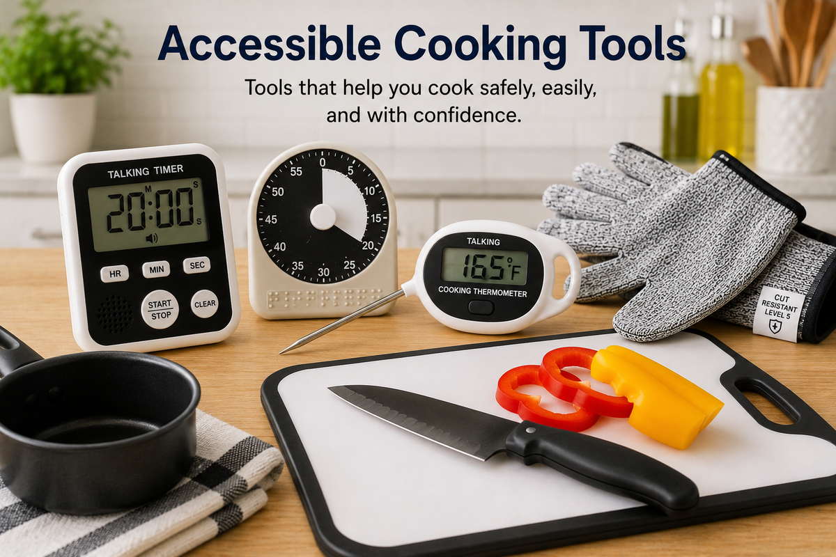 Accessible cooking tools on a kitchen counter, including a talking timer, tactile timer, talking thermometer, cut-resistant glove, high contrast cutting board, knife, and sliced peppers.
