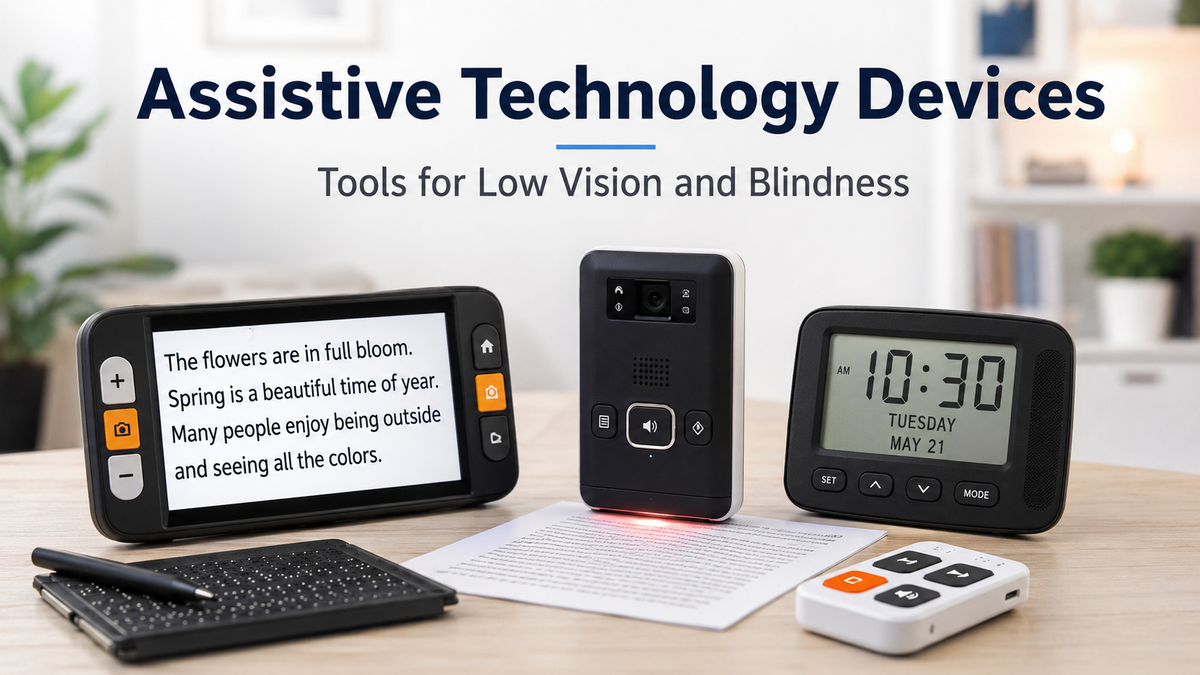 Assistive technology devices for low vision and blindness displayed on a table, including an electronic magnifier, text reading device, talking clock, and tactile tools.