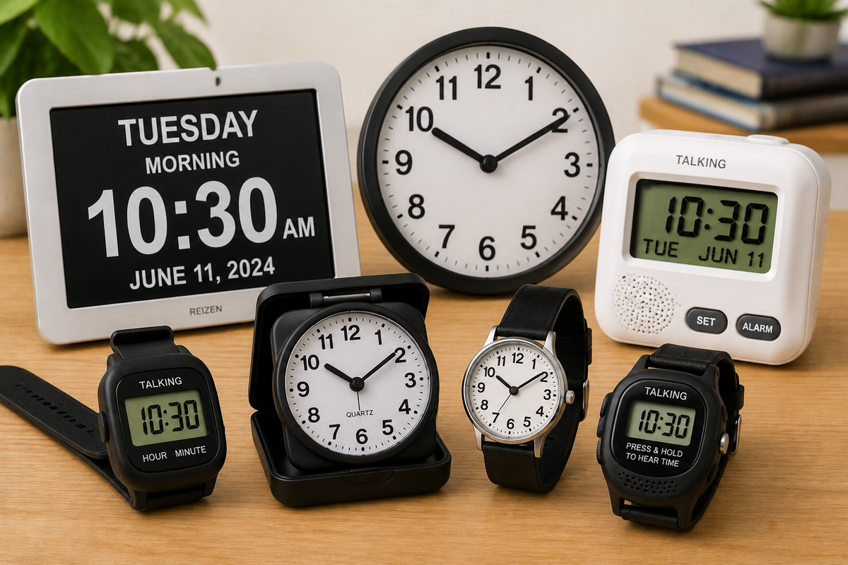 Low vision and talking clocks and watches displayed on a tabletop, including large display clocks, bold face analog clocks, talking watches, and audio timekeeping devices.