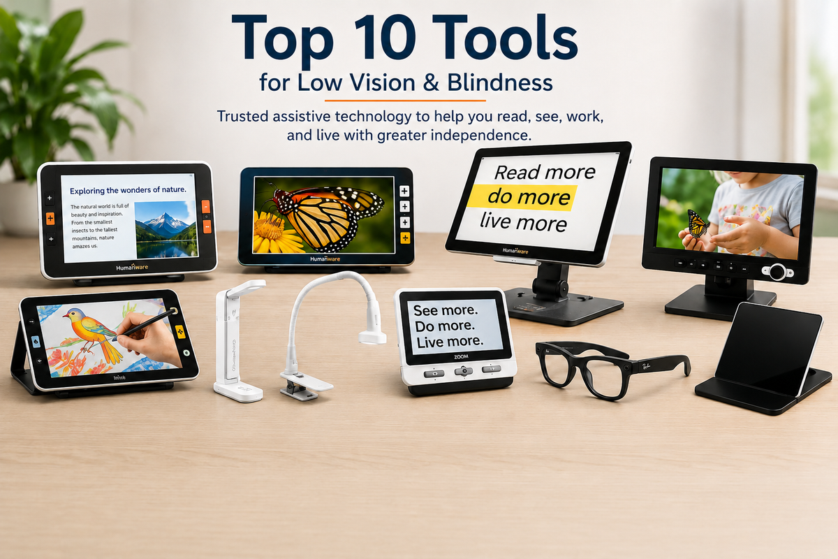 Top 10 assistive technology tools for low vision and blindness, including electronic magnifiers, task lights, desktop CCTV, smart glasses, and reading aids.