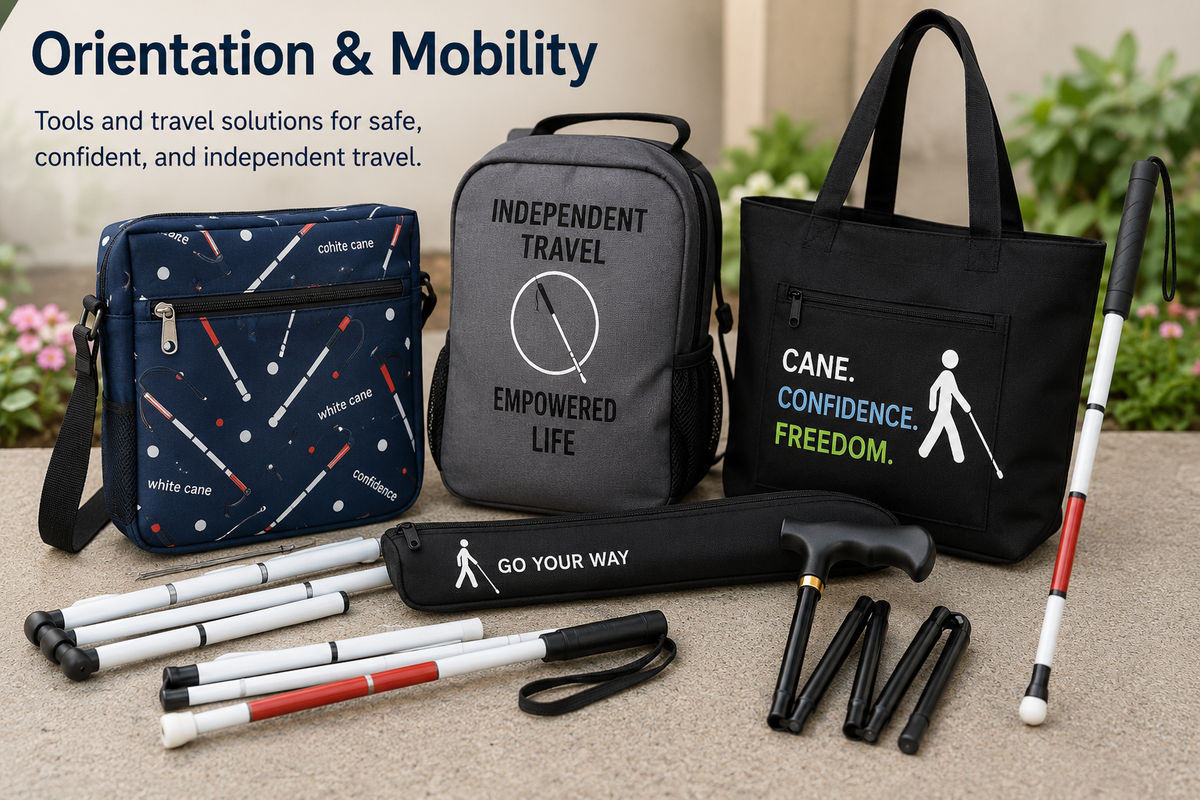 Orientation and mobility products displayed outdoors, including disability-themed travel bags, folding white canes, support canes, cane case, and mobility accessories.