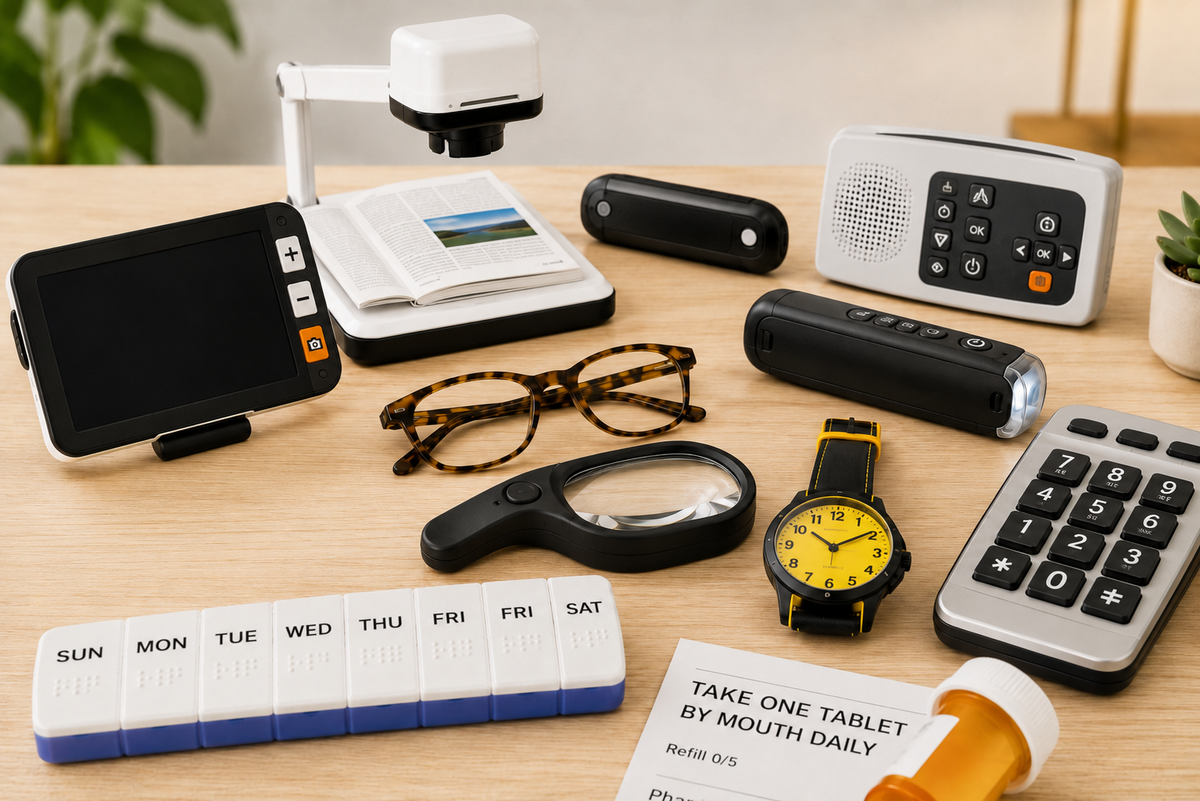 Low vision assistive devices on a tabletop, including electronic magnifiers, a reading device, handheld magnifier, large-button phone, high contrast watch, pill organizer, and large print medication label.