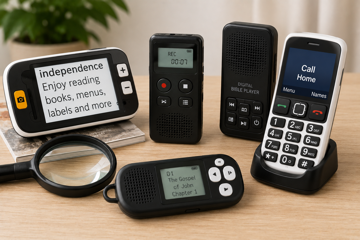 Handheld assistive technology on a table, including a video magnifier, handheld magnifier, voice recorder, Bible player, talking audio device, and talking cell phone.