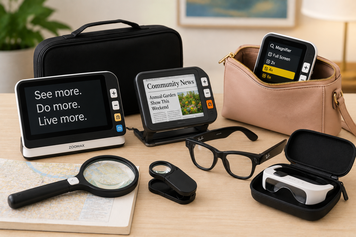 Portable and wearable vision aids on a tabletop, including electronic magnifiers, handheld magnifiers, smart glasses, wearable magnifier glasses, and carrying cases.