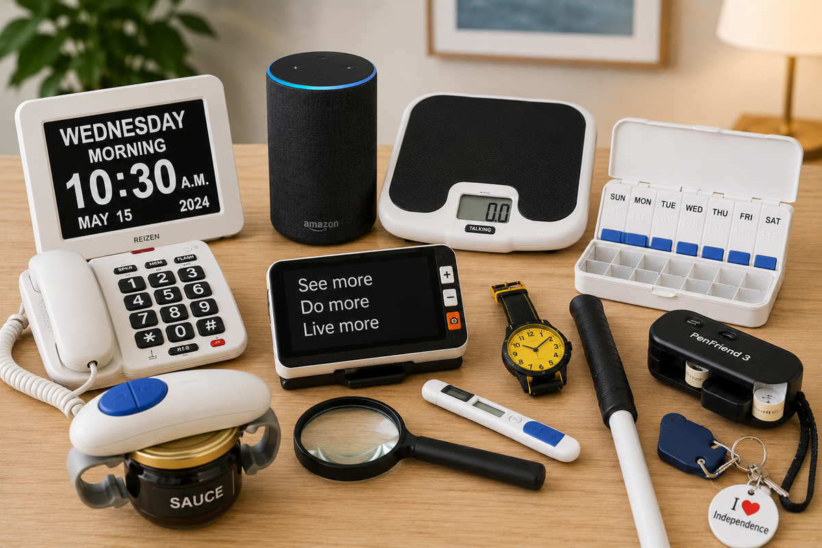 Independent living aids displayed on a tabletop, including a large-display clock, smart speaker, talking scale, pill organizer, large-button phone, magnifier, watch, cane, thermometer, and adaptive kitchen tool.