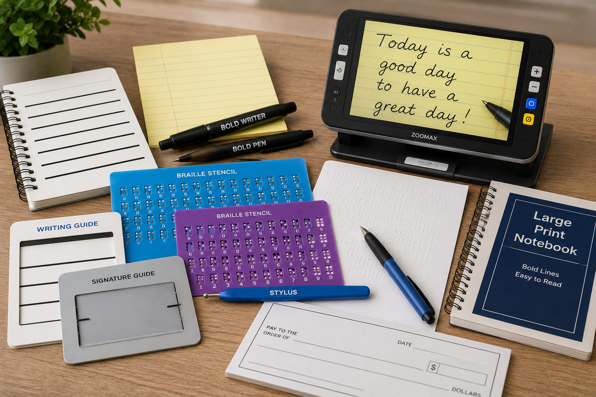 Accessible writing tools on a desk, including bold line paper, bold pens, Braille stencils and stylus, writing and signature guides, Braille paper, check guide, large print notebook, and electronic magnifier.