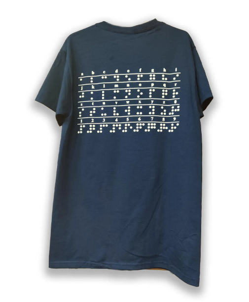 A navy tshirt displaying the braille alphabet