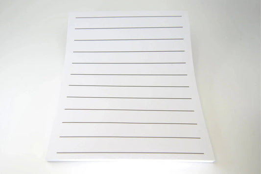 White paper with bold black lines on both sides of the 8.5 x 11 inch sheets. Lines are .87 inches apart. 100 sheets to a pad. 12 lines per page. Great for those who are low vision or visually impaired.