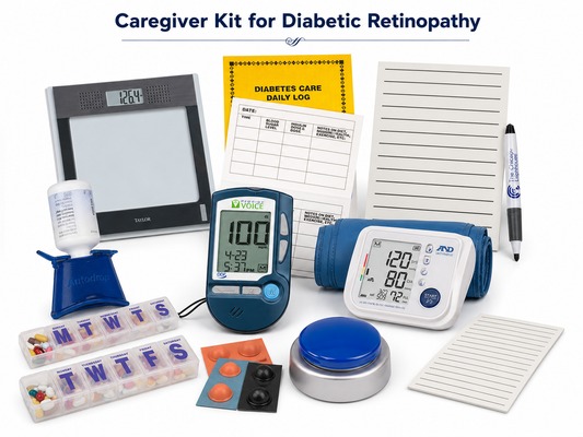 Caregiver kit for diabetic retinopathy displayed on a white background. Includes a talking glucose meter, talking blood pressure monitor with cuff, talking scale, large print diabetes log book and forms, bold line notepad with pen, jumbo weekly pill organizers, eye drop guide, tactile bump dots in orange and black, and a large blue button talking clock.