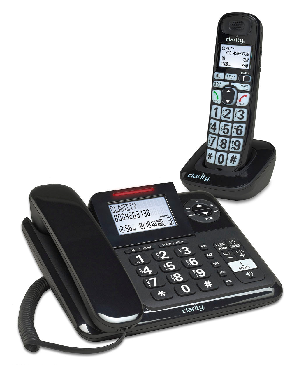 Black corded and cordless phone set with digital displays on a white background. 