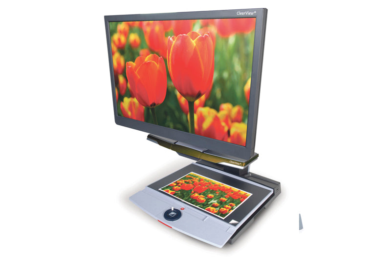 The Clearview + Full HD CCTV Electronic Magnifier with a full HD screen displaying a vivid image of red tulips, and a sliding reading platform.