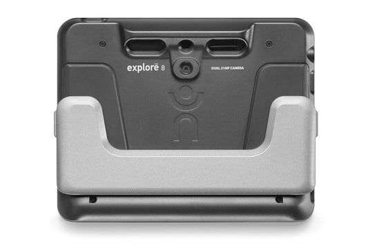 Back facing view of the Explore8 showing its camera and stand folded into the device.