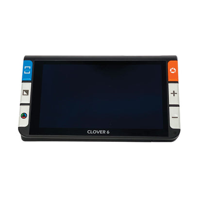 Irie Clover 6 hand held magnifier showing its 4 tactile buttons, an orange tactile button, and a blue tactile button on the front of the device with a blank screen.