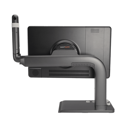 Rear view of MirrorPad Pro showing adjustable arm, integrated camera, and compact design for desktop magnification and distance viewing.