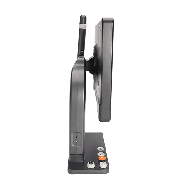 Side profile of MirrorPad Pro highlighting slim design, adjustable screen, and accessible tactile control buttons on the base.