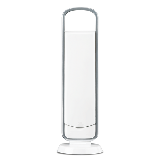 Ottlite LED light weight lamp in white with silver handle. The front of the lamp has a groove for users to open the arm to turn on the light.