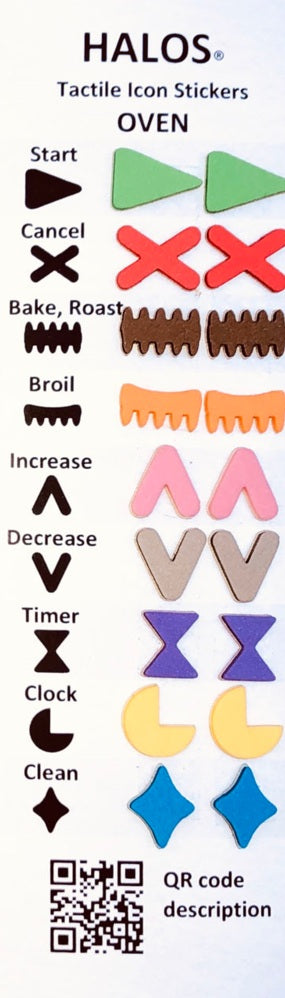 Raised foam Tactile oven stickers in multi color pack with 9 symbols Two stickers per option.