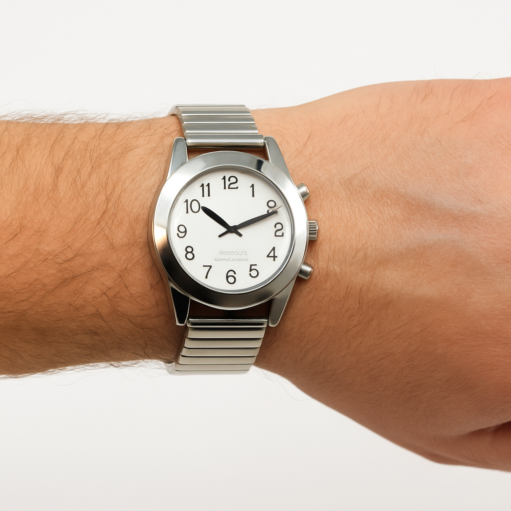 Silver Touch Face Talking Watch with white dial, bold black numerals, and silver expansion band on a man’s wrist, white background

Accessible talking watch for visually impaired users, worn on a male wrist, silver-tone case with expansion bracelet

Men’s Silver Touch Face Talking Watch, crystal-activated time announcement, classic white face and Arabic numerals

Close-up of a man wearing a Silver Touch Face Talking Watch, silver case and band, designed for low vision accessibility