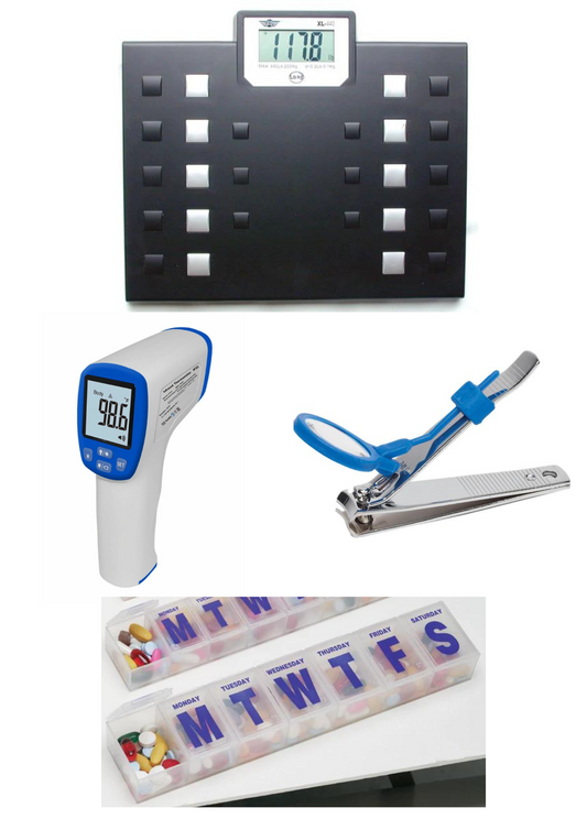 Talking scale in black, Talking infrared Thermometer, 5x Magnified toenail clipper, Jumbo Pill organizer