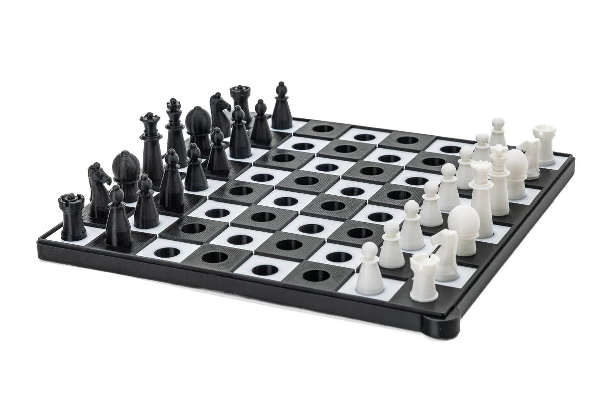 Tactile plastic chess set in black and white with tactile tops on black pieces