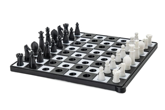 Tactile plastic chess set in black and white with tactile tops on black pieces
