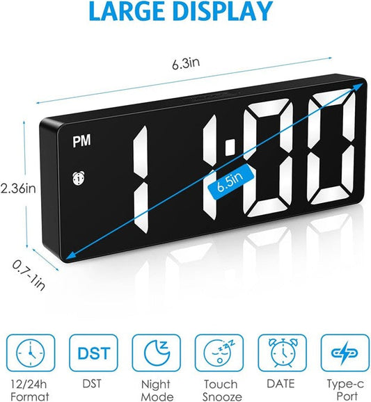 Large white LED digital alarm clock with 6.3-inch display, 12/24 hour format, DST, night mode, snooze, date, and Type-C port
