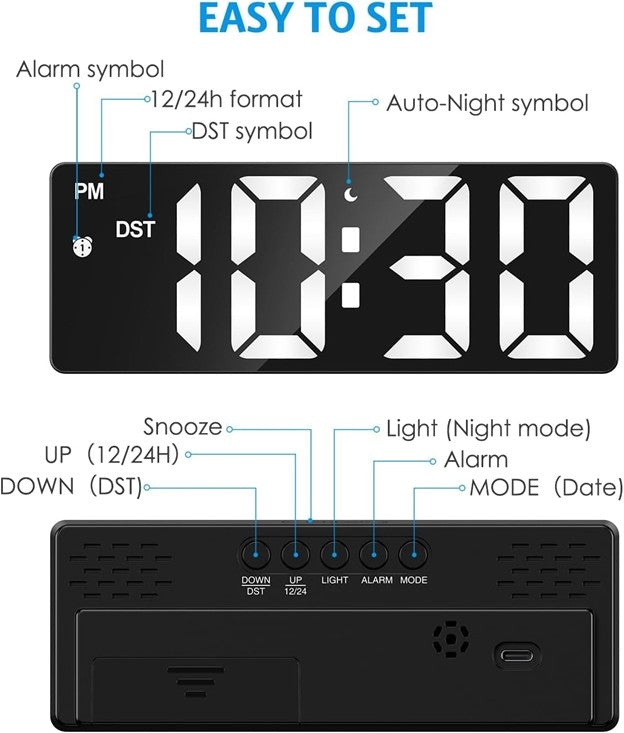 White LED digital alarm clock setup guide showing alarm, DST, auto-night mode, snooze, light, and date buttons