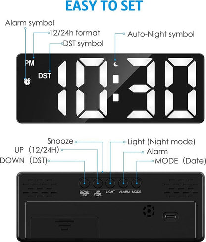 White LED digital alarm clock setup guide showing alarm, DST, auto-night mode, snooze, light, and date buttons
