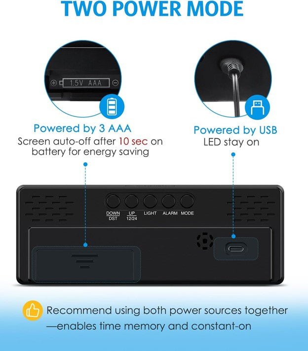 White LED digital alarm clock rear view showing dual power options with AAA battery compartment and USB Type-C port