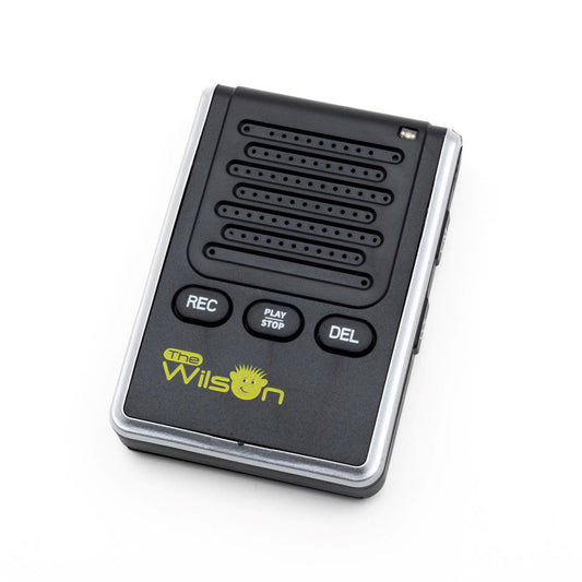 Wilson Digital Voice Recorder 10, a simple and affordable device designed for people with low vision. Made from high-quality components, it allows users to easily record and playback shopping lists, reminders, to-do lists, notes, appointments, messages, and more. Compact and user-friendly, it’s perfect for capturing ideas, directions, and audio instructions on the go. Featured here what a speaker on the front and three buttons reading Rec, Play/Stop, and delete and two unreadable buttons on the side of the 