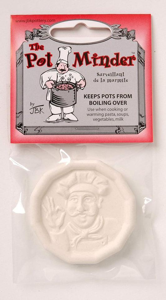 Pot Minder in it's packaging showing ceramic disc with raised chef design – prevents boil overs by regulating bubbles while cooking